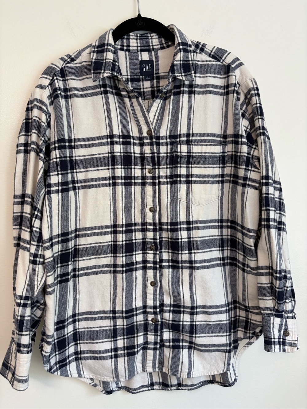 GAP Women’s White & Navy Flannel Plaid Button-Up Cotton Shirt Sz S